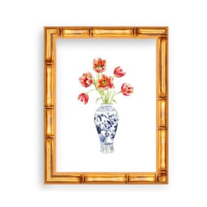 Chinoiserie Ginger Jar Tulip Vase Watercolor Print, Ginger Jar Watercolor Art, Blue and White Chinoiserie Decor