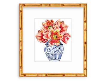 Chinoiserie Ginger Jar With Tulips Watercolor Print, Ginger Jar Watercolor Art, Chinoiserie Decor, Tulip Artwork
