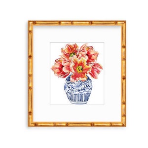 Chinoiserie Ginger Jar With Tulips Watercolor Print, Ginger Jar Watercolor Art, Chinoiserie Decor, Tulip Artwork