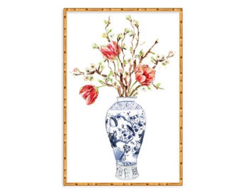Chinoiserie Ginger Jar With Dogwood Stems & Tulips Watercolor Print, Ginger Jar Watercolor Art, Blue and White Chinoiserie Decor