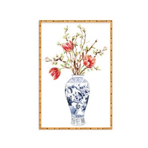 Chinoiserie Ginger Jar With Dogwood Stems & Tulips Watercolor Print, Ginger Jar Watercolor Art, Blue and White Chinoiserie Decor