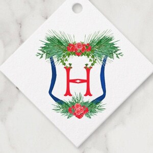 Monogram Crest Gift Tags, Personalized Chinoiserie Christmas Gift Tags, Holiday Favor Tags, Blue and White Wreath,