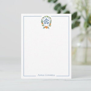 Monogram Crest Stationery Cards, Custom Two Letter Monogram Note Cards, Chinoiserie Personalized Flat Note Cards, Blue and White Stationery
