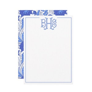 Monogram Flat Stationery Cards, Blue and White Floral Monogram Note Cards, Custom Chinoiserie Thank You Card, Personalized Flat Note Cards