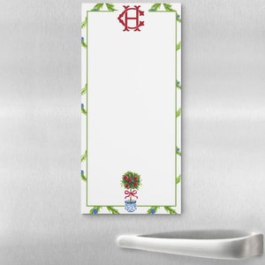 Chinoiserie Topiary Magnetic Note Pad, Custom Monogram Note Pad, Personalized Blue and White Gift