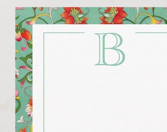 Green Monogram Flat Stationery Cards, Green and Pink Floral Monogram Note Cards, Custom Chinoiserie Thank You, Personalized Flat Note Cards