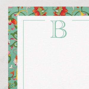 Green Monogram Flat Stationery Cards, Green and Pink Floral Monogram Note Cards, Custom Chinoiserie Thank You, Personalized Flat Note Cards