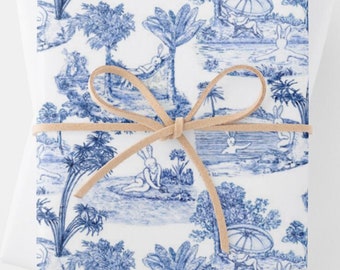 Blue and White Toile Wrapping Paper, Bunny Rabbit Toile Chinoiserie Gift Wrap, Easter Wrapping Paper, Blue and White Floral Paper