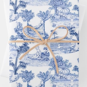 Blue and White Toile Wrapping Paper, Bunny Rabbit Toile Chinoiserie Gift Wrap, Easter Wrapping Paper, Blue and White Floral Paper
