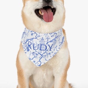 Chinoiserie Pet Bandana Collar, Preppy Blue and White Dog Lover Gift, Pagoda Ginger Jar Dog Collar