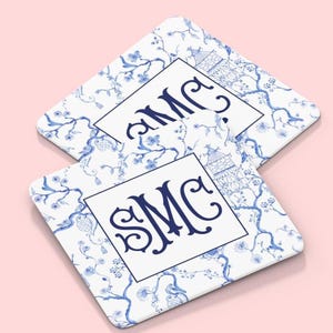 Monogram Chinoiserie Paper Coaster, Blue and White Monogram Drink Coaster, Custom Grandmillenial Monogram Wedding Decor,  Wedding Coaster