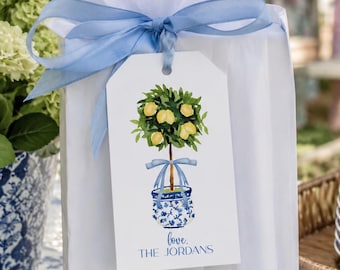 May include: A white paper gift bag topped with white tissue paper and a light blue ribbon. A rectangular white gift tag hangs from the ribbon, featuring a watercolor illustration of a lemon tree in a blue and white pot with the text love. THE JORDANS.