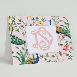 Monogrammed Pink Peacock Chinoiserie Folded Stationery Cards, Pink Bird Custom Notecards, Thank you Cards