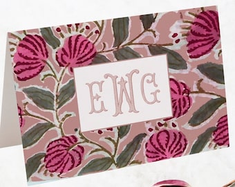 Tarjeta de papelería plegable con monograma y estampado floral de peonía rosa de Jaipur / Tarjetas de notas personalizadas con peonía rosa / Notas de agradecimiento personalizadas