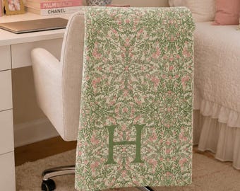 Pink and Green Floral Chinoiserie Minky Blanket, Floral Soft Grandmillennial Blanket, Pink Monogram Dorm Blanket, Cottage Core Nursery Decor