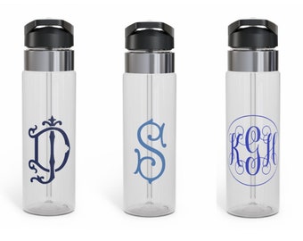 Monogrammed Water Bottle, Personalized 20oz Plastic Water Bottle, Custom Water Bottle with Straw