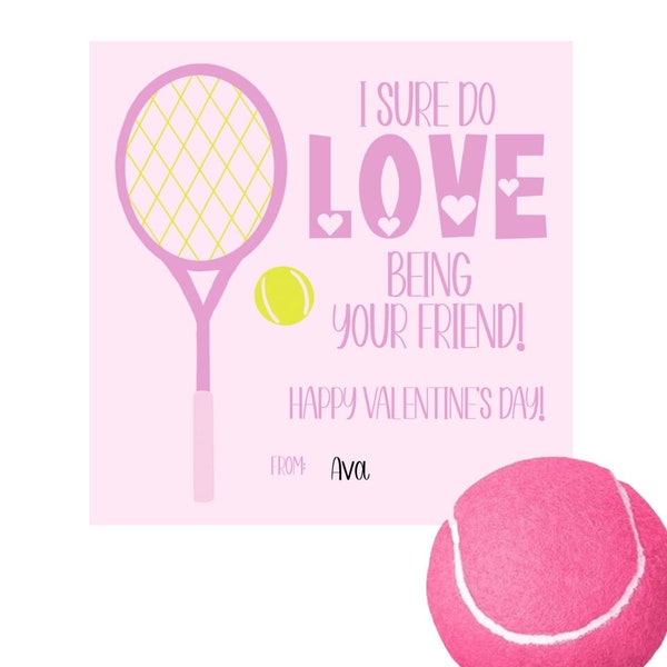 Digital Download Pink Tennis Valentine Cards, Tennis Racket Valentine, Pink Sports Valentines Day Card, Class Valentine, Girly Valentine