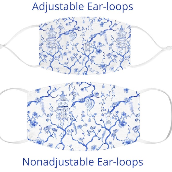 Blue & White Chinoiserie Fabric Face Mask, Adjustable Strap Preppy Facemask