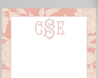 Monogram Flat Stationery Cards, Pink and White Peony Floral Note Cards, Custom Chinoiserie Thank You Card, Personalized Flat Note Cards