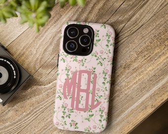 Monogram Pink Rose Chinoiserie iPhone Case, Floral Grandmillenial Personalized iPhone Case, Custom Monogram Case, Coquette Phone Case