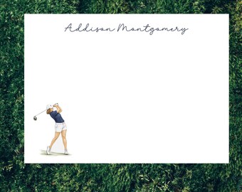 Watercolor Golf Stationery Cards for Her| Personalized Flat Golf Note Cards | Girl Golfer Stationery