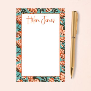 Orange and Aqua Floral Block Print Notepad, 5.5 x 8.5 Monogram Ajrakh Pattern Personalized Gift, Custom Stationery, Batik Print Notepad