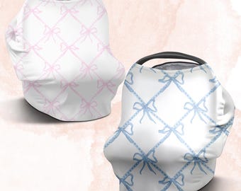 Ribbon Carseat Nursing Cover, Pink Blue Ribbon Coquette Nursing Cover, CarseatCanopy, Shopping Cart Cover, Grandmillenial, Pink Bow