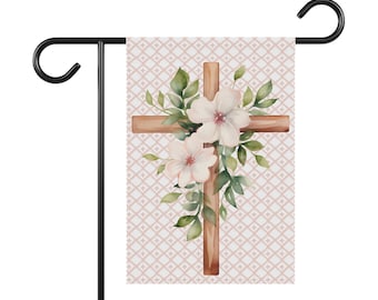 Floral Easter Cross Garden Flag, Religious Garden Flag, 12'' × 18''  Garden Banner Flag, Gift for Her, Garden Gift, Pink Flag, Church Flag