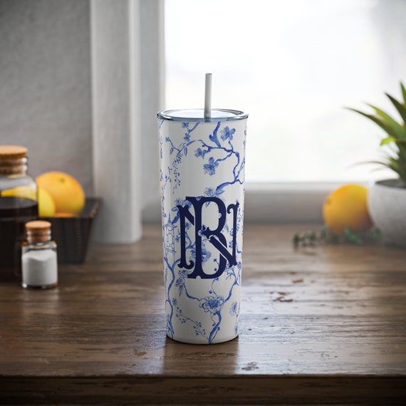 Chinoiserie Pagoda Monogram Stainless Steel Cup with Straw, Skinny Steel Tumbler with Straw, 20oz Monogram Cup, Gift for her