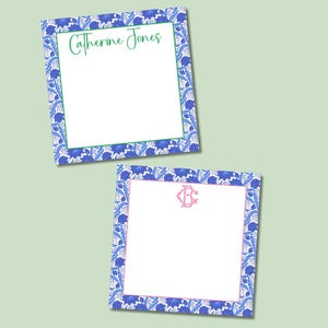 Personalized Blue and White Boho  Floral Notepad, Square Monogram Notepad, Custom Notepad Gift for Her