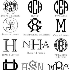 K&ouml;nnte beinhalten: Eine Tabelle mit verschiedenen Schriftstilen f&uuml;r Monogramme. Die Stile umfassen Schrift, rund, gewellt, ineinandergreifend, schick, Ryan, Medaillon, fett, gestreifter Romanesque und durchgezogener Romanesque. Jeder Stil wird mit einer unterschiedlichen Anzahl von Buchstaben dargestellt.