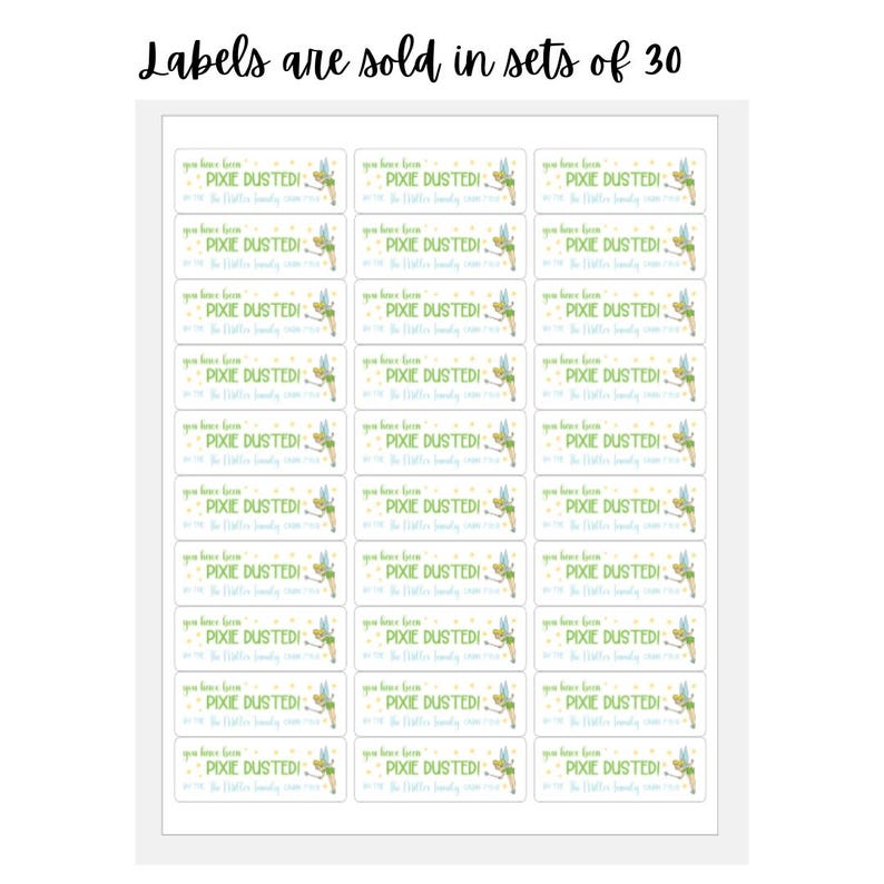 May include: Thirty white rectangular labels with a green fairy graphic and the text "You have been pixie dusted!" in green and blue text. The labels are sold in sets of 30.