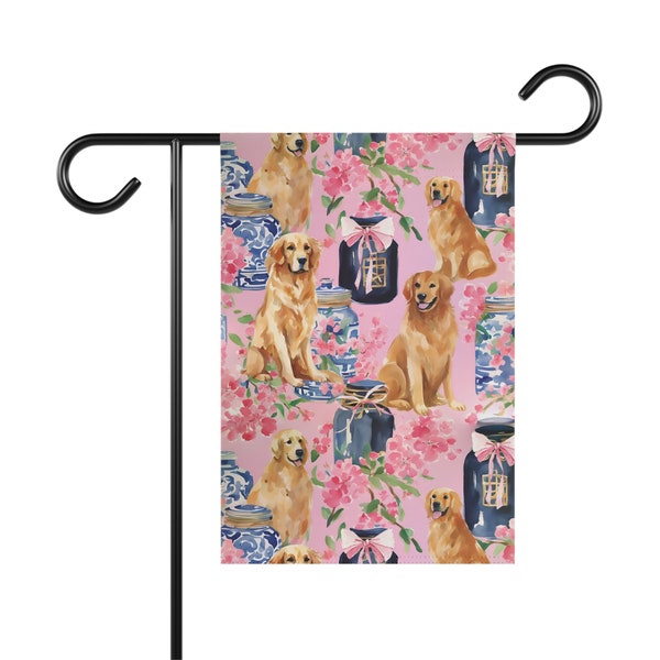 Chinoiserie Golden Retriever Garden Flag, Pink Cherry Blossoms with Blue and White Ginger Jar 12'' × 18'" Banner Flag