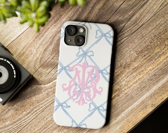 Blue and White Ribbon Bow Monogram Phone Case, Chinoiserie