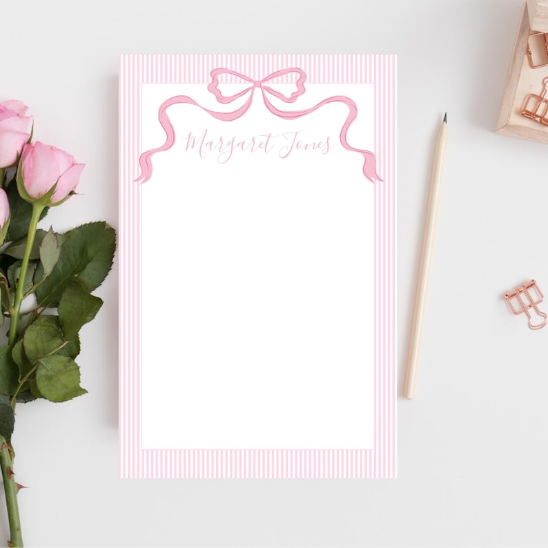 Pink Ribbon Monogram Note Pad, Custom Pink Bow Notepad, Coquette ...
