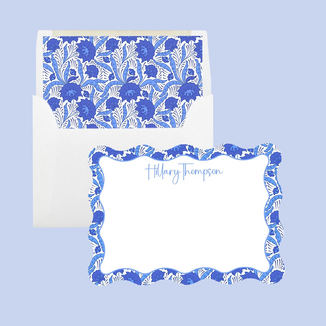 Personalized Blue and White Floral Print Stationery Cards, Custom Blue ...