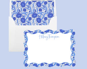 Personalized Blue and White Floral Print Stationery Cards, Custom Blue Flower Scalloped Flat Note Cards, Grandmillenial Gift for Her