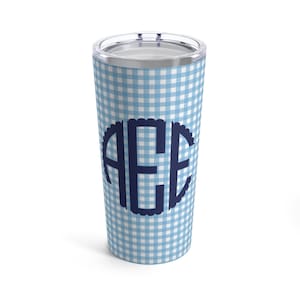 Blue Gingham Monogram Stainless Steel Tumbler, Blue and White Personalized 10oz Tumbler, 20oz Monogram Cup, Preppy Steel Mug, Custom Gift