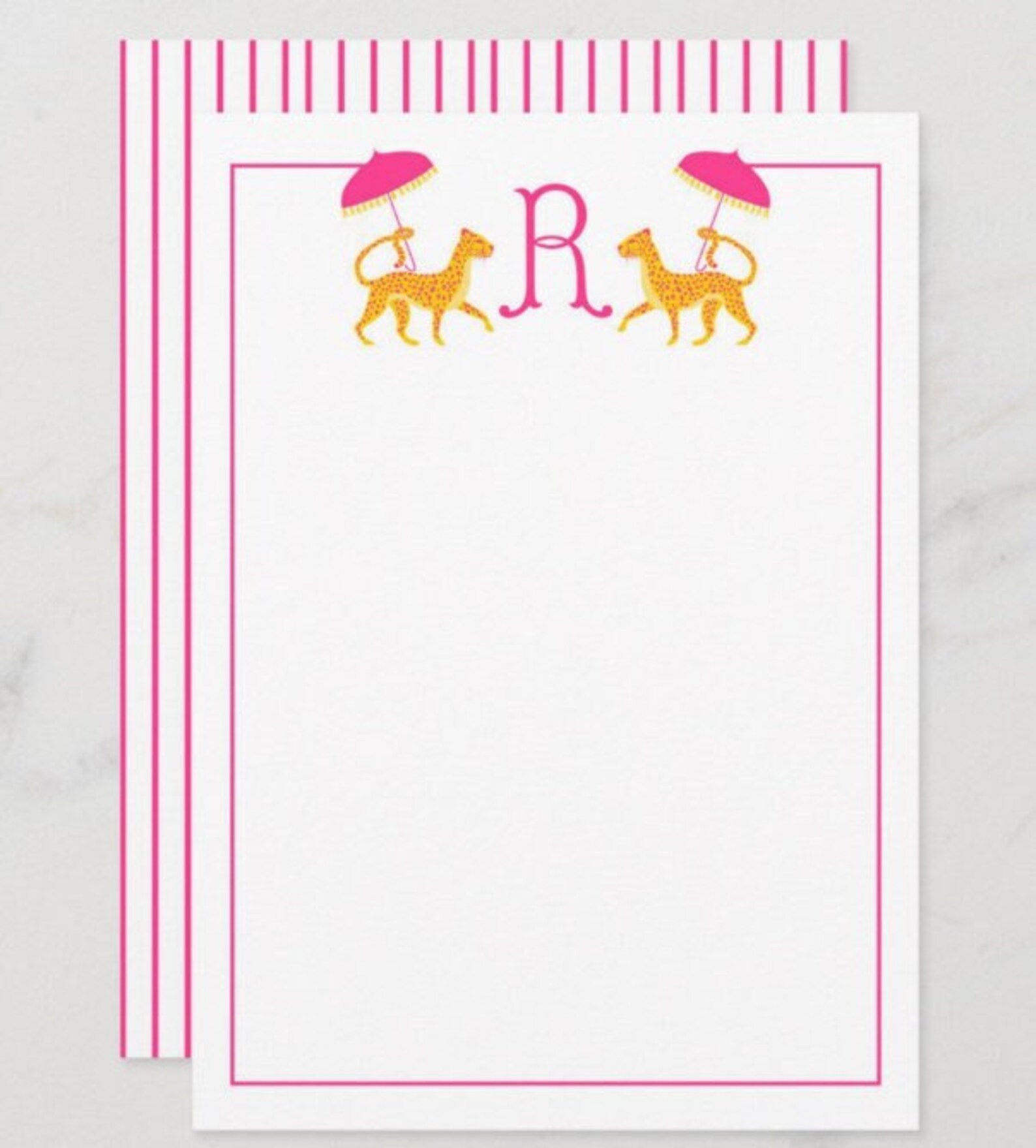 Cheetah Monogram Flat Stationery Cards, Pink and White Preppy Monogram ...