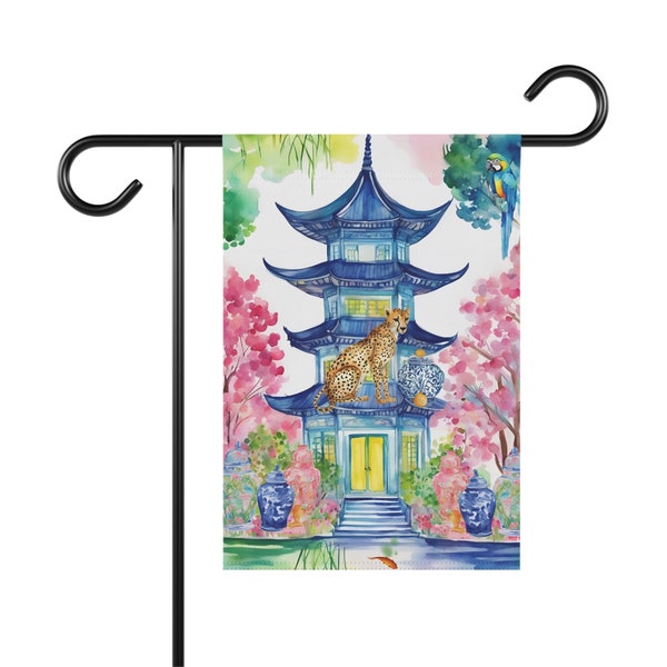 Chinoiserie Pagoda Garden Flag, Blue and White Ginger Jar Asian Inspired Garden Flag, 12'' × 18'' Spring Garden Banner Flag