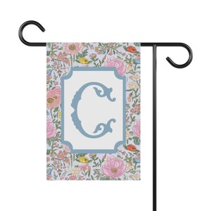 Monogram Pastel Floral Chinoiserie Garden Flag, 12'' × 18'' Plant Flag, Spring Garden Banner, Custom Garden Flag, Personalized Garden Gift
