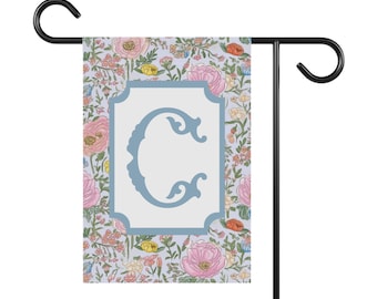 Monogram Pastel Floral Chinoiserie Garden Flag, 12&#39;&#39; × 18&#39;&#39; Plant Flag, Spring Garden Banner, Custom Garden Flag, Personalized Garden Gift