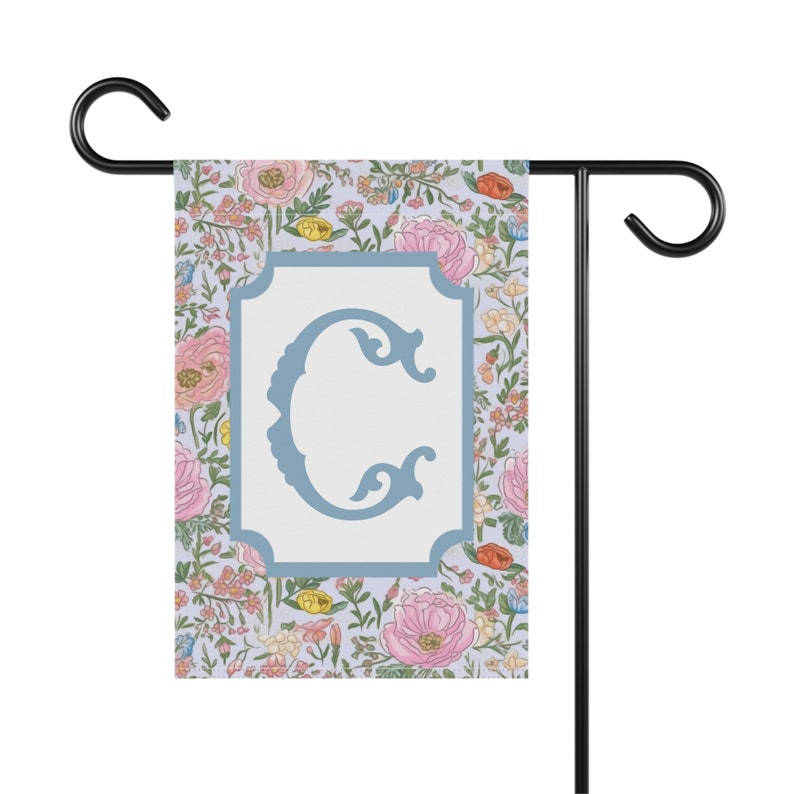 Monogram Pastel Floral Chinoiserie Garden Flag, 12'' × 18'' Plant Flag, Spring Garden Banner, Custom Garden Flag, Personalized Garden