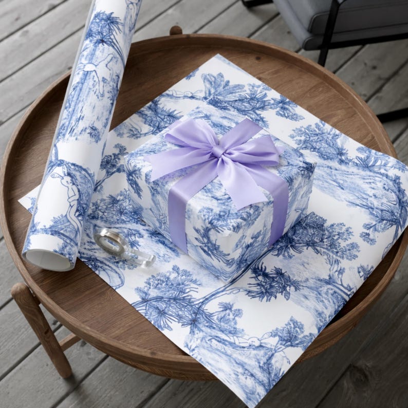 Blue and White Toile Wrapping Paper, Bunny Rabbit Toile Chinoiserie Gift Wrap, Easter Wrapping Paper, Blue and White Floral Paper 画像 4