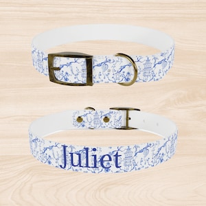 Blue and White Chinoiserie Dog Collar, Customize Dog Collar, Preppy Personalized Dog Gift, Pagoda Dog Collar