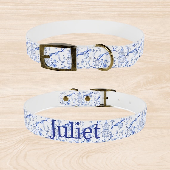 Blue and White Chinoiserie Dog Collar, Customize Dog Collar, Preppy Personalized Dog Gift, Pagoda Dog Collar