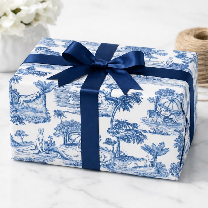 Blue and White Toile Wrapping Paper, Bunny Rabbit Toile Chinoiserie Gift Wrap, Easter Wrapping Paper, Blue and White Floral Paper 画像 8