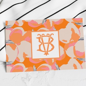Monogrammed Pink and Orange Geometric Folded Stationery Cards, Girly Preppy Colorful Custom Notecards, Thank you Cards