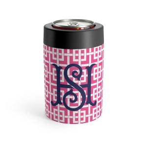 Monogrammed Pink Bamboo Can Cooler, Custom Can Holder, Monogram Stainless Steel Coozie