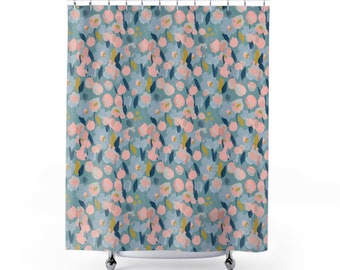 Blue and Pink Abstract Floral Shower Curtain, Blue & White Shower Curtain, Grandmillenial Chinoiserie Chic Preppy Bathroom